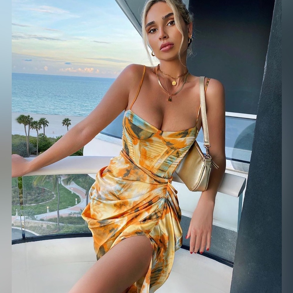 PrettyLittleThing Orange Tie Dye Corset and Skirt